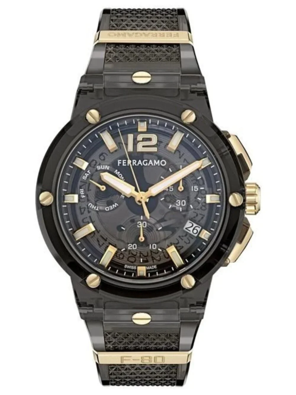 Ferragamo Men's Swiss Watch F-80 Translucent Black Polyurethane Strap 44mm